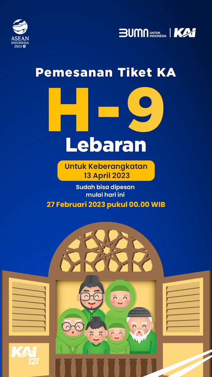 KAI121's tweet photo. Pemesanan tiket KA masa angkutan lebaran utk keberangkatan tgl. 13 April 2023 (H-9 Lebaran), sudah bisa dilakukan hari ini, mulai pkl. 00.00 WIB. 

Pemesanan dapat dilakukan via KAI Access, https://t.co/sQEDaS6e2r, Contact Center 121 &amp; mitra resmi KAI.

#KAI121
#MudikNaikKereta https://t.co/sy52MMvjTK