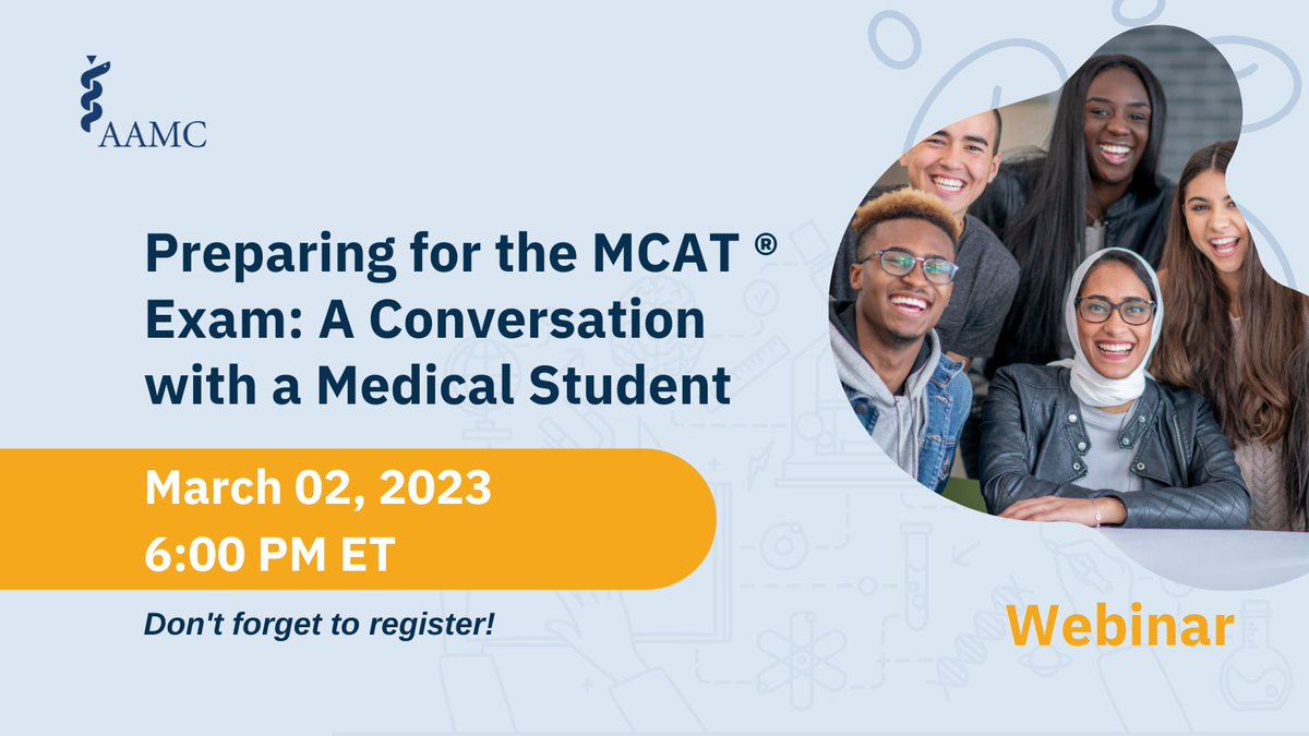 Planning to take the #MCAT exam? Don’t miss our webinar on March 2 at 6 p.m. ET with second-year M.D./Ph.D. student Jenny Ijoma! Jenny will discuss her experience preparing for the exam and share the study strategies that enabled her to manage her time.
 https://t.co/D3ge8n49HU https://t.co/C6fMUMnLqi
