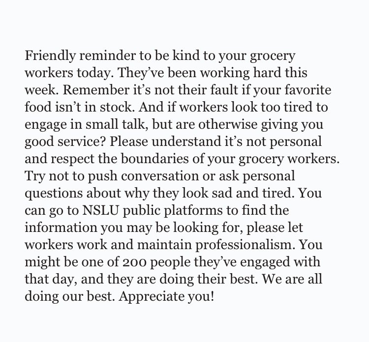 NSLU_PDX's tweet photo. Picture Description, font friendly reminder of being kind compassionate and having healthy boundaries. Grocery workers are human beings, and they’ve been working hard this week! #nslu #union #support #compassion #kindness #boundaries https://t.co/LzdbHgDWU4