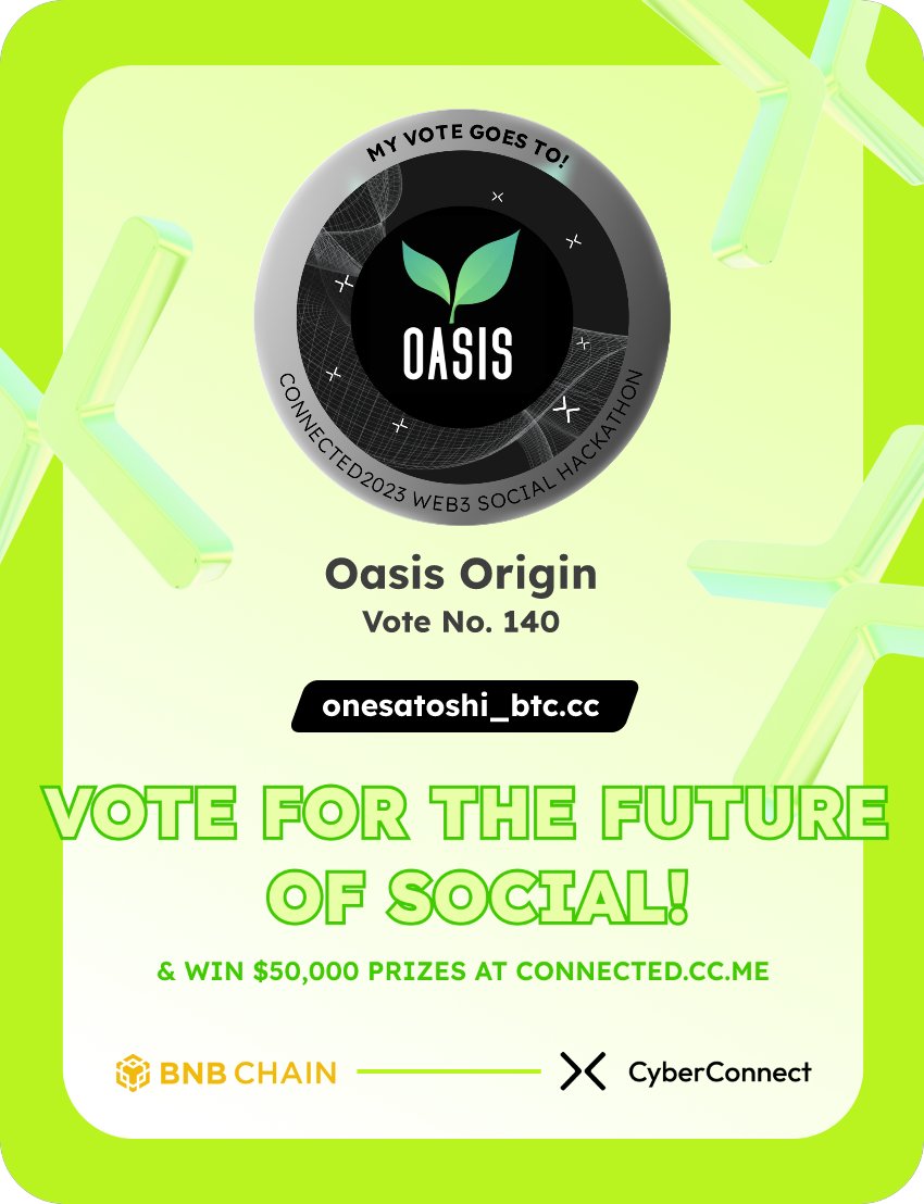FelixValeev's tweet photo. Just voted for my favorite project Oasis Origin in #Connected2023, a Web3 Social hackathon by @CyberConnectHQ the social graph protocol &amp; @BNBCHAIN
Join me to vote for a better social and win $50,000-$100,000 prizes!
https://t.co/ta61BlqieJ
sig:bO5ees 
  https://t.co/jaiqtaZkLX https://t.co/d1R58dbur9