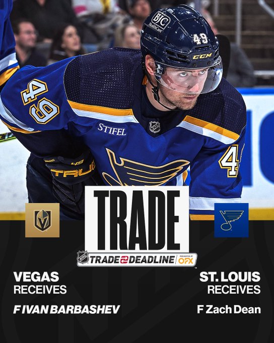 Top: Ivan Barbashev in a home St. Louis Blues Jersey.

Bottom:

TRADE: Vegas Golden knights acquiew Forward Ivan Barbashev from the St. Louis Blues in exchange for Forward Zach Dean. 