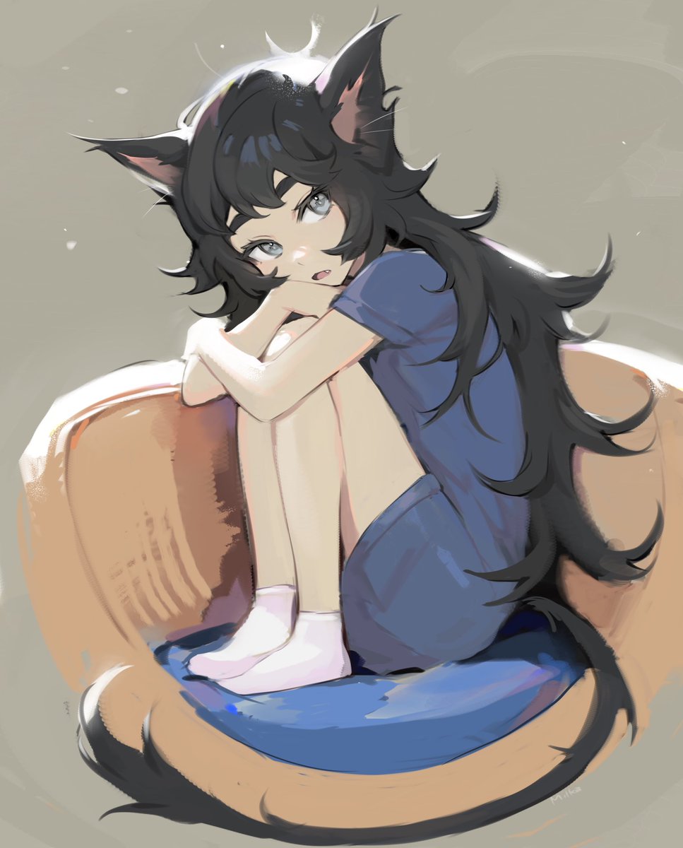 1girl animal ears solo long hair black hair tail sitting  illustration images