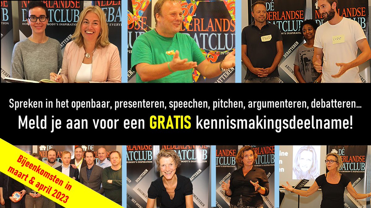 Wil je overtuigend(er) (leren) spreken in het openbaar? Wil je vaker speechen? Wil je (leren) debatteren en overtuigen? Wil je jouw pitch optimaliseren?

Dan ben je van harte welkom.

Registreer je wel van te voren. Dat doe je via: DeNederlandseDebatclub.nl/Meedoen 

Zien we je?