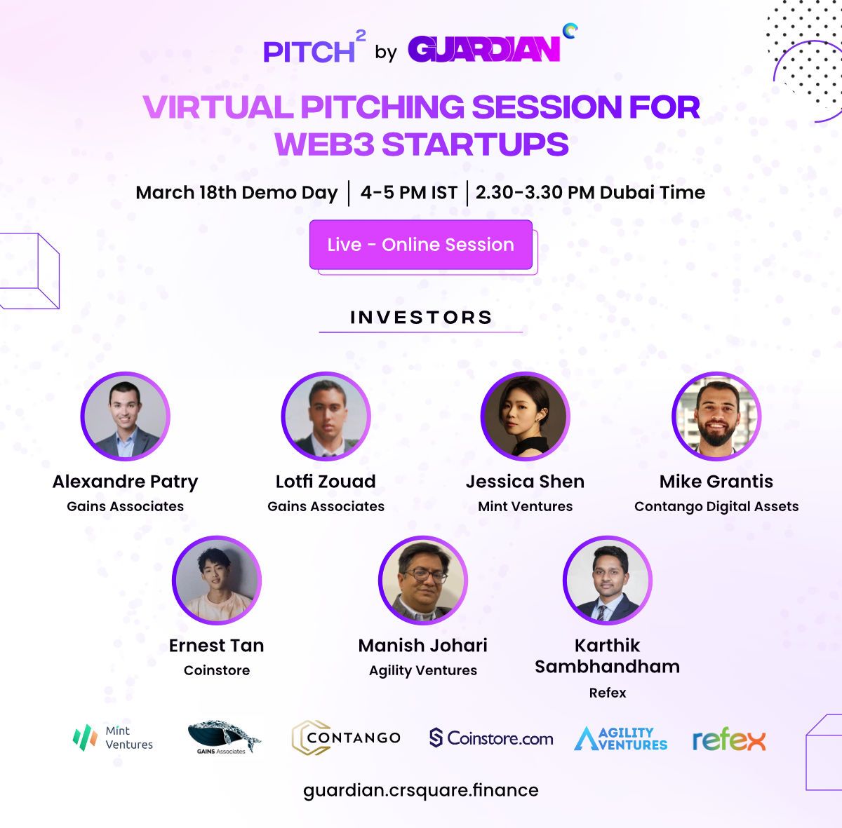 Hey there, party people,

Ready to take your project to the big leagues? Pitch to investors virtually and get insights to boost your project - who knows, they might even slide you some dough!

Register - app.guardian.crsquare.finance/register

#pitch2 #guardian #investors #web3fundraising