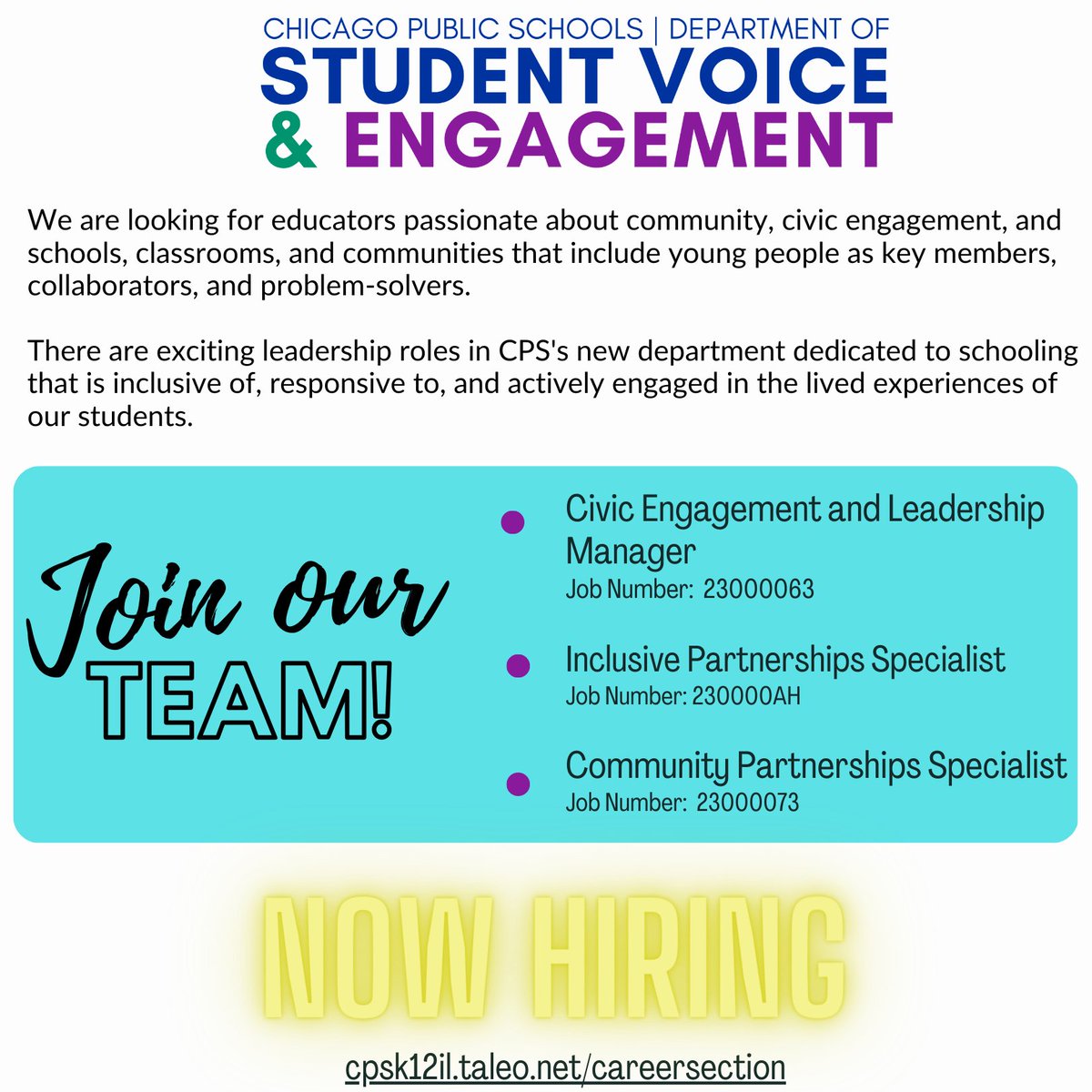 Come join a new team leading a strategy to expand student voice, engagement, and partnerships in classrooms, schools, and communities! #EngageCPS