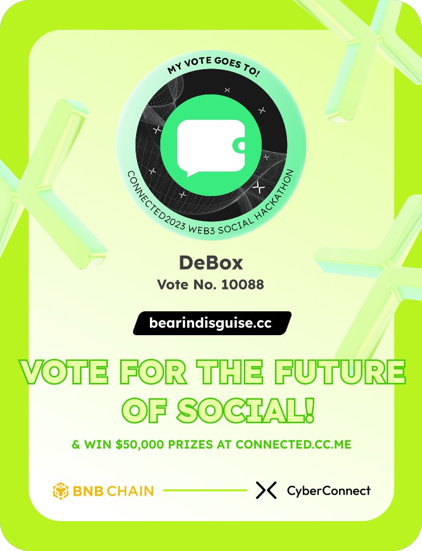 EkkaAbdul's tweet photo. Just voted for my favorite project DeBox in #Connected2023, a Web3 Social hackathon by @CyberConnectHQ the social graph protocol &amp; @BNBCHAIN
Join me to vote for a better social and win $50,000-$100,000 prizes!
https://t.co/xpc9cz5L8m
sig:LEJy2D 
  https://t.co/lRVNZuwmKL https://t.co/zQXSZeJJw3