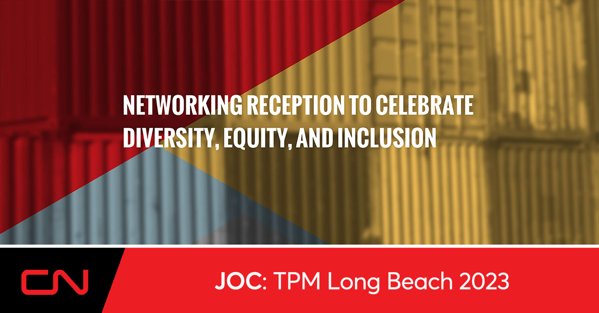 CNRailway's tweet photo. It’s go time! @JOC_Events #TPM23 is kicking off this afternoon. CN, @GCT_Can, and @CargoWise will be presenting the Networking Reception to Celebrate Diversity, Equity, and Inclusion @ 3:30pm PST. Let’s exchange ideas, build partnerships, and celebrate diversity in our industry! https://t.co/8v7vZsPJ49