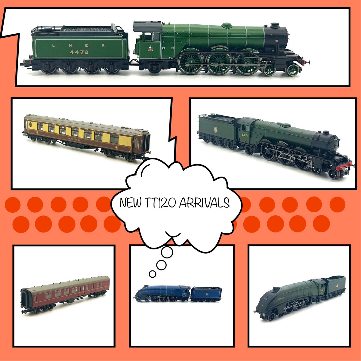 bluffrs2buffrs's tweet photo. Not been able to get out to the OO layout this week as still recovering from an op, but there’s been some @hornby #TT120 arrivals #tmrguk. 2x A4’s in the shape of 60025 Falcon &amp; 60016 Silver King, A3 60078 Night Hawk &amp; the unmistakable A1 4472 #flyingscotsman + rolling stock! https://t.co/nKLj2Cbi29