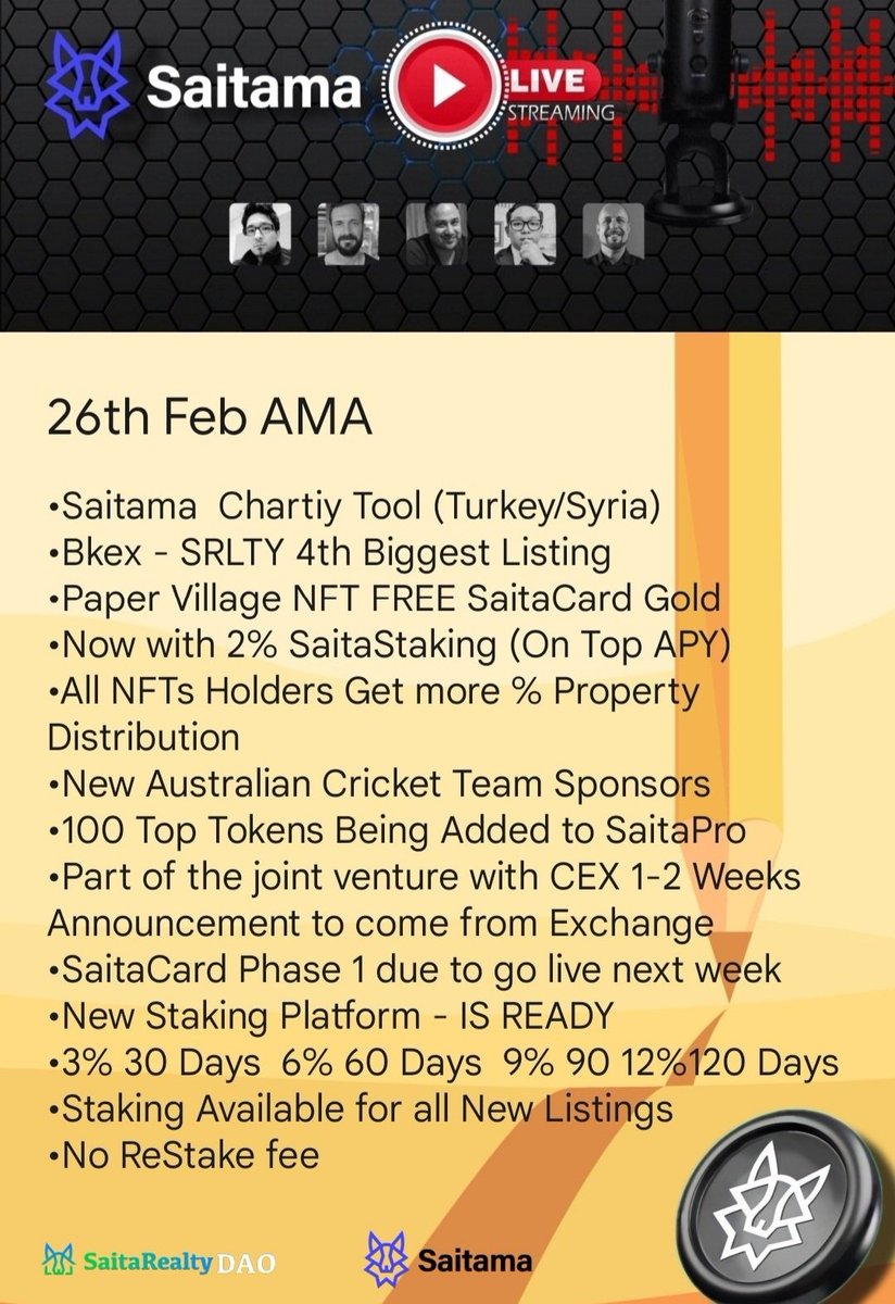 A lot of news from today's AMA from #Saitama.  #SaitaPro #SaitaCard #Staking #SaitaRealty #SaitaCity #Cricket #Austria