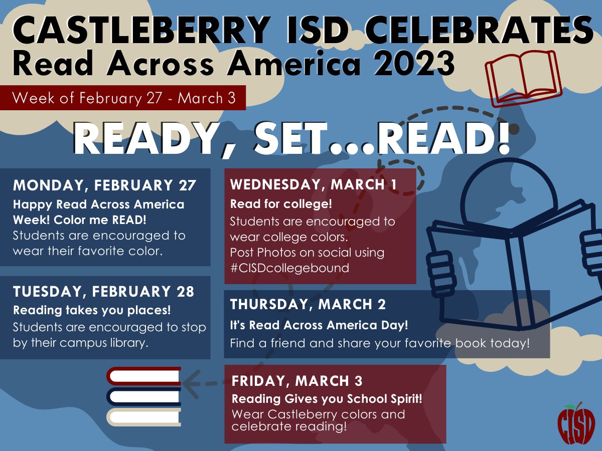 #Castleberryisd invites everyone to celebrate #ReadAcrossAmerica all week! Reading is awesome, healthy, and makes everyone smarter 🧠. Follow along and engage with <a href="/castleberryisd/">Castleberry ISD</a> and <a href="/CISDreads/">Castleberry ISD Libraries</a>. 📚 

#AVCato #CERoars #JoyJames #IMMSLions #CHS_Lions #cisdbettertogether