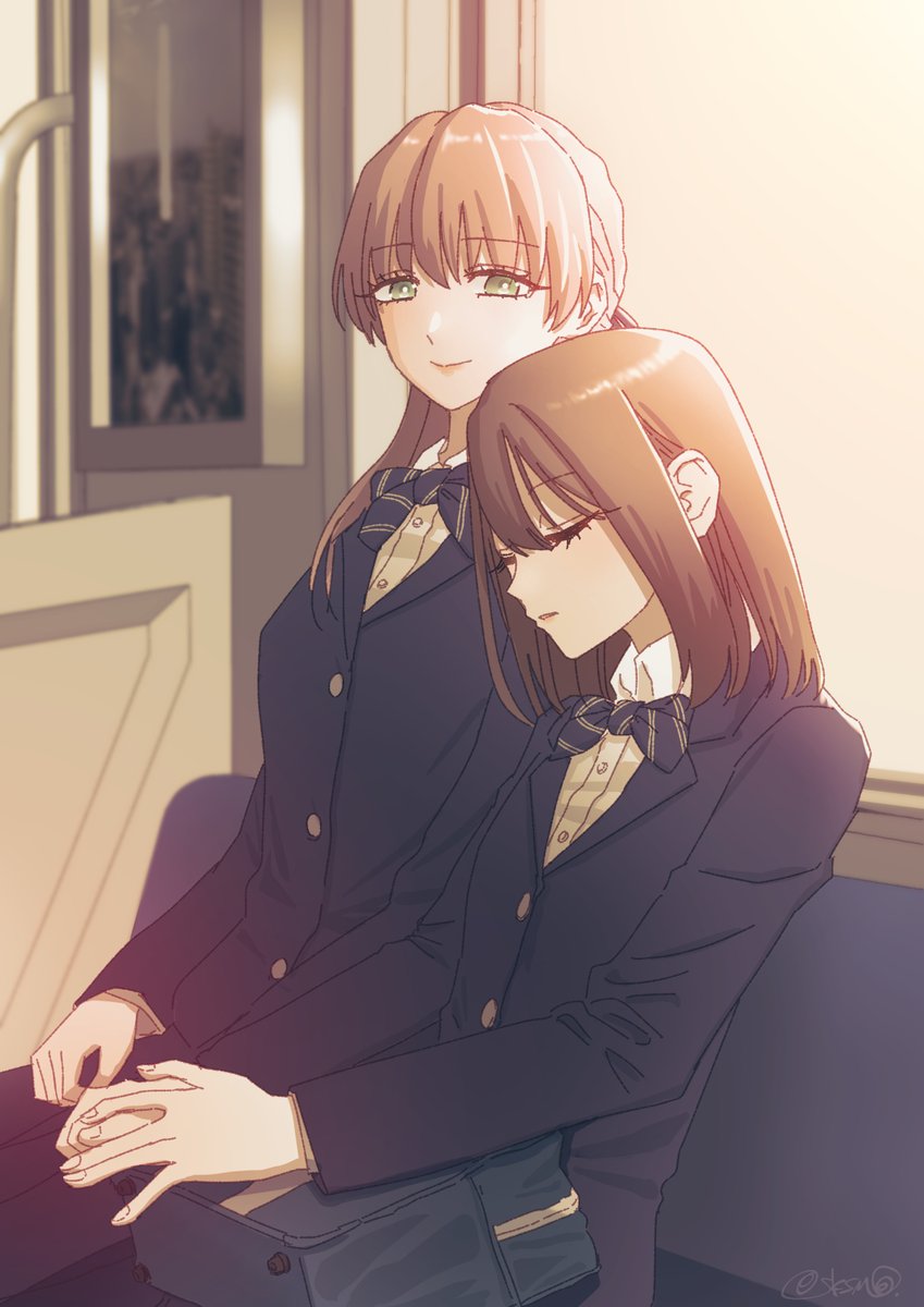 multiple girls 2girls brown hair school uniform jacket sleeping closed eyes  illustration images