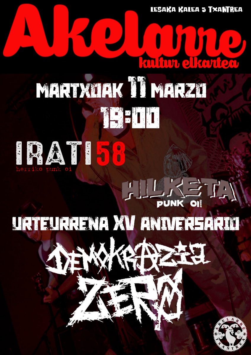 11M Txantrean egongo gara lagunen artean gure 15. urteurrena ospatzen!
Será concierto único. Sábado 11 de marzo en el Akelarre, no te lo pierdas!