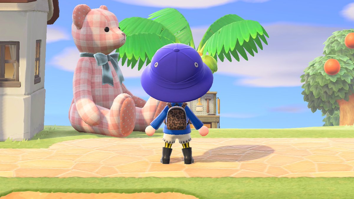 katiedoodleACNH's tweet photo. First look in the look book! Neon category 😎 Black lace-up boots, yellow striped tights, white pleather shorts, blue biker jacket, brown leopard-print backpack, black triangle shades, blue explorer’s hat. Winter variation: dark acid-washed jeans, blue Aran-knit cap. https://t.co/FLtU8DbotV
