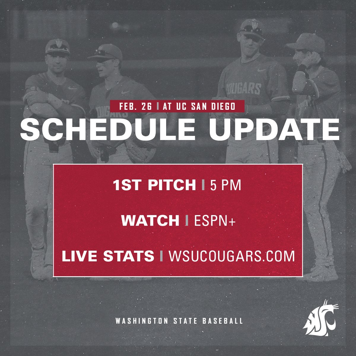 wsucougarbsb's tweet photo. One more schedule update at UC San Diego

⌚️ 1ST PITCH UPDATE | 5 p.m. ⚾️

Due to weather, first pitch at UC San Diego has been pushed back to 5 p.m. https://t.co/55P6K43jTH