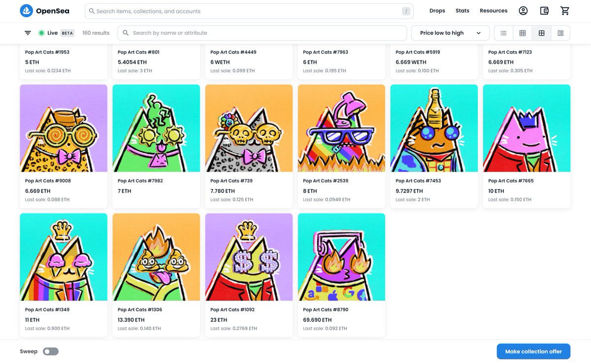mattchessco's tweet photo. Only 160 @popartcats to buy out of 10,000 cats to hit a floor of 69.69ETH.

The question is who is going to sweep them. #popartcats https://t.co/rt9NjbVkMO
