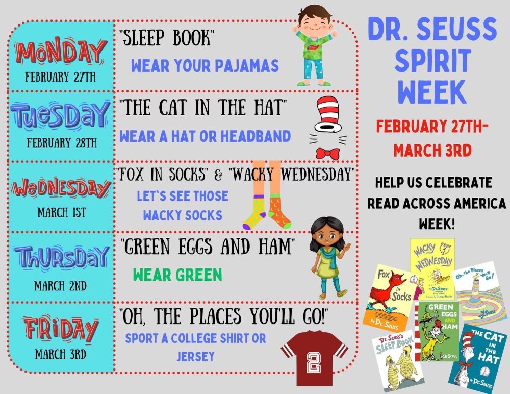 LHS_Now's tweet photo. This week at LHS will be Dr. Seuss (and reading) spirit week! Dress up according to this list, and have fun! https://t.co/5jNZ3QkLJG
