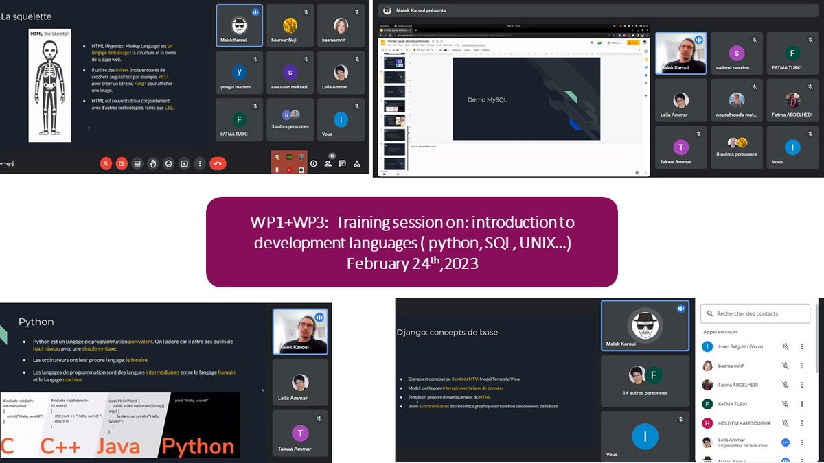 In the framework of the WP1 and WP3, MICAfrica organized a training session on : Introduction to development languages ( python, SQL, UNIX…) animated by Mr.Malek Karoui , an expert engineer in computer programming. This session was held on February 24th,2023.