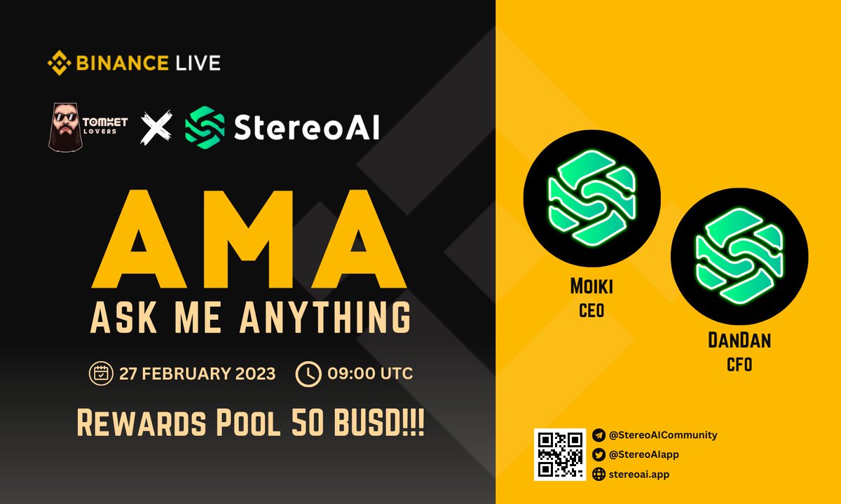 TomketLovers's tweet photo. We will be holding an AMA with

StereoAI will hold an Live AMA at Binance Live Tomket Community 
AMA Timing : 27 February 2023 | 09:00 UTC
Reward : 
50$

https://t.co/zxeHvCIBP5

#AMA #BinanceLive https://t.co/njRmngeqDQ