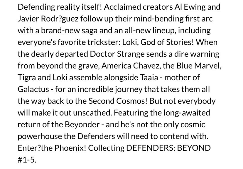 New ✨#MarvelCosmic✨ #comics this week for #NCBD (3/1/23)
✨
Defenders Beyond TPB
✨
W-#AlEwing,A/cover-#JavierRodríguez
✨
#Loki #BlueMarvel #Tigra #Taaia #AmericaChavez #Beyonder #Marvel #MarvelComics