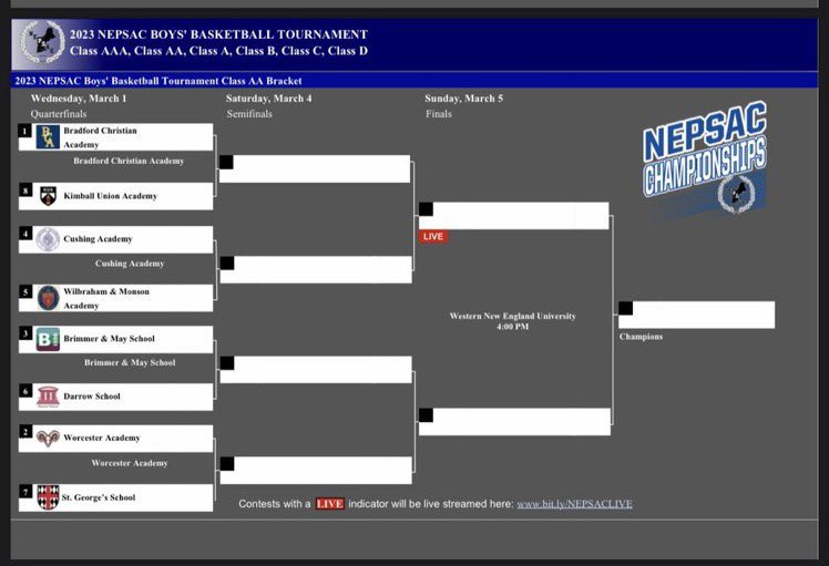 We have been seeded 5th and will travel to Cushing Academy this Wednesday. Time TBD. 
ALL IN!