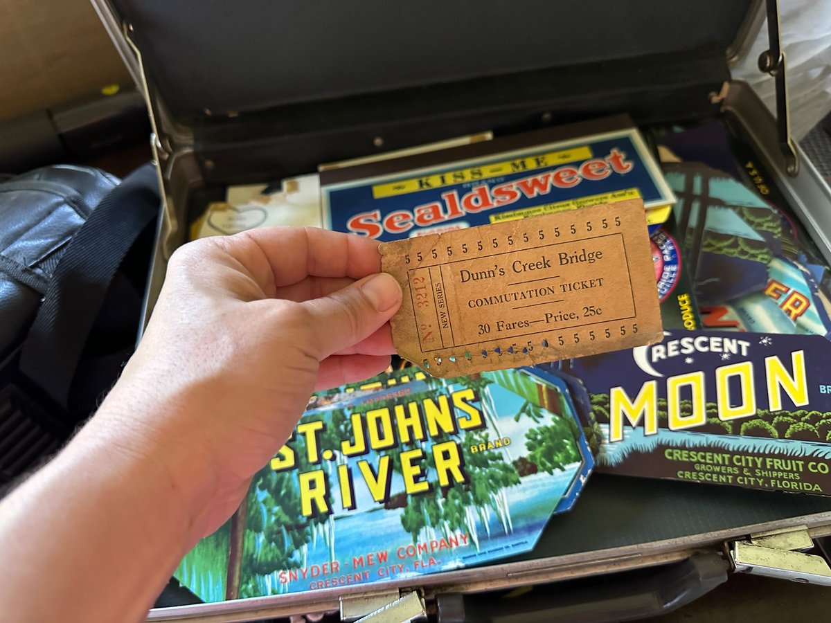 ProfZare's tweet photo. found a “Dunn’s Creek Bridge commutation ticket” among our citrus labels. anyone know the time period this would be from? #FLHistory #PutnamCo https://t.co/sJUo4Jx615