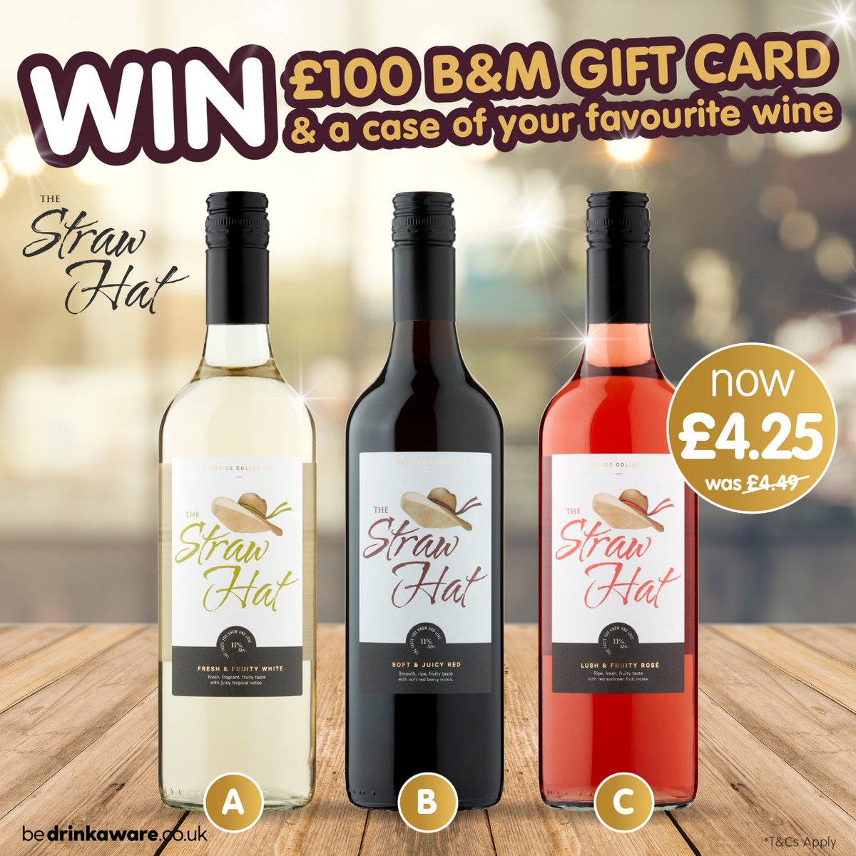 🍷 #COMPETITION TIME 🍷

We're teaming up with #StrawHat to give away £100 B&amp;M gift card PLUS a case of your favourite wine to ONE lucky winner!

For a chance to WIN, simply;

1) FOLLOW US
2) RT
3) COMMENT which you'd pick #Red, #White or #Rose

Competition ends 9am 28/2/23