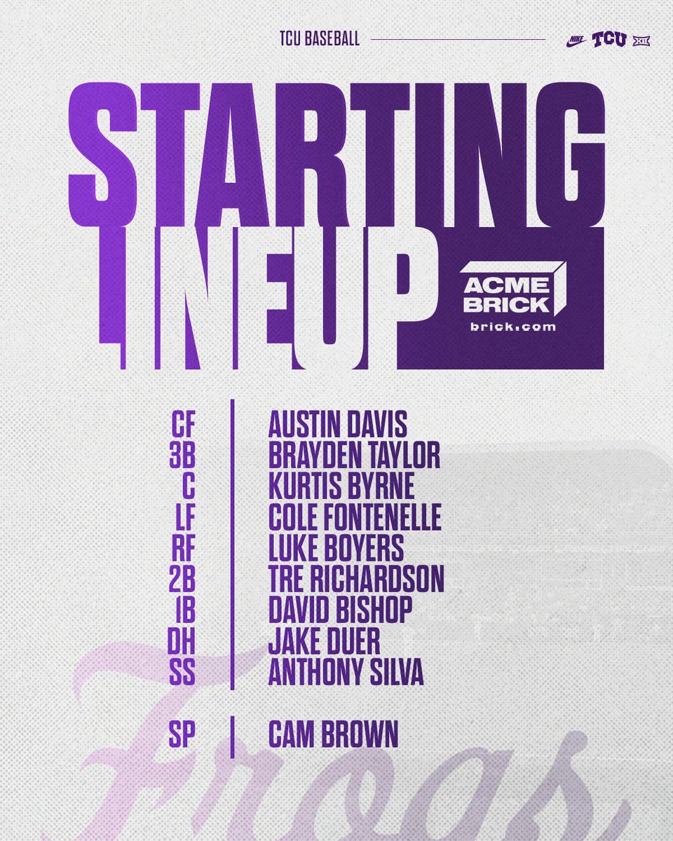 TCU_Baseball's tweet photo. Jake Duer makes his first career start. Cam Brown starts on the bump.
#FrogballUSA | #GoFrogs https://t.co/Jrkzxd5L3q