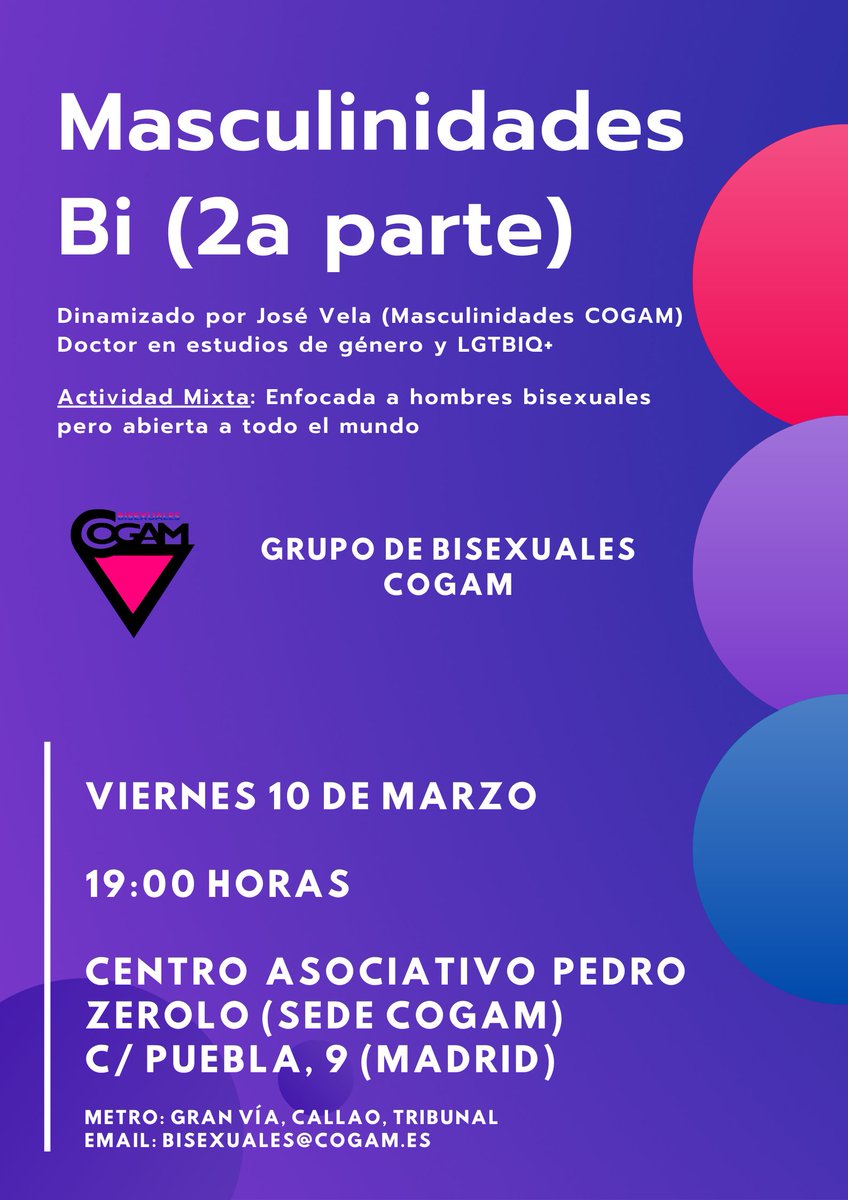 Bi_COGAM's tweet image. ¡Nos vemos el viernes 10 de marzo en @cogam para seguir hablando de masculinidades bi! La primera parte de la actividad fue en diciembre en la que tratamos el marco más teórico, y en esta charlaremos sobre nuestras experiencias bi desde la masculinidad.
