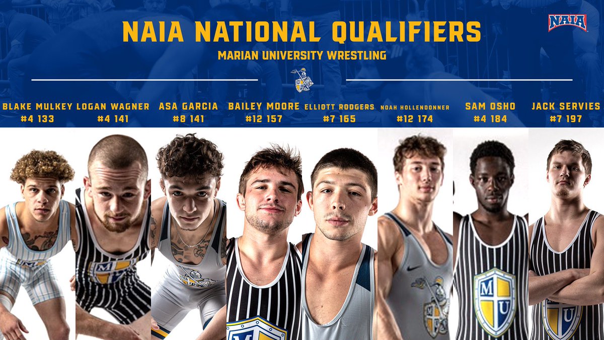 MarianWrestle's tweet photo. Next weekend- 2023 NAIA National Tournament
Marian will be sending eight wrestlers to the national tournament, with all eight being seeded in the top 12 of their bracket, for a chance to be National Champions. https://t.co/SZvB3owYCT