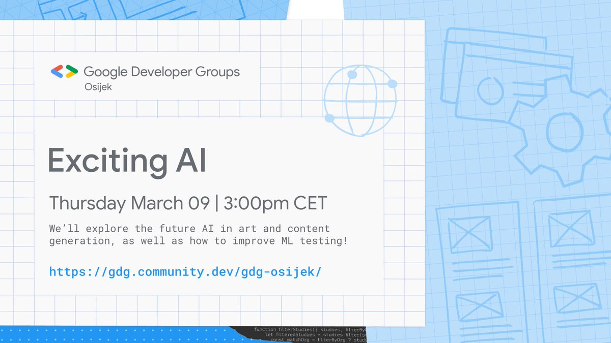 📢Another GDG event is approaching📢

Please RSVP at gdg.community.dev/events/details…

This event is online and you will be able to join the stream at the following link: 
youtube.com/live/2RbTIcv3C…

Stay tuned 🤓

#gdg #gdgosijek #googledevelopergroups #osijek #online #event #AI