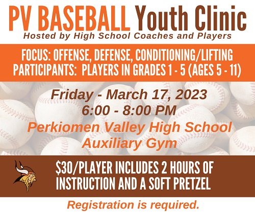 <a href="/PerkValleyBASE/">PV Baseball</a> is hosting a youth ⚾ clinic on Fri, 3/17 from 6 - 8pm in the HS Auxiliary Gym for players in grades 1 -5 (ages 5 - 11). Reserve your child's spot today as this clinic is limited to 45 children. The clinic is $30/player.   

Register here - forms.gle/TjpH5gHik92H7t…