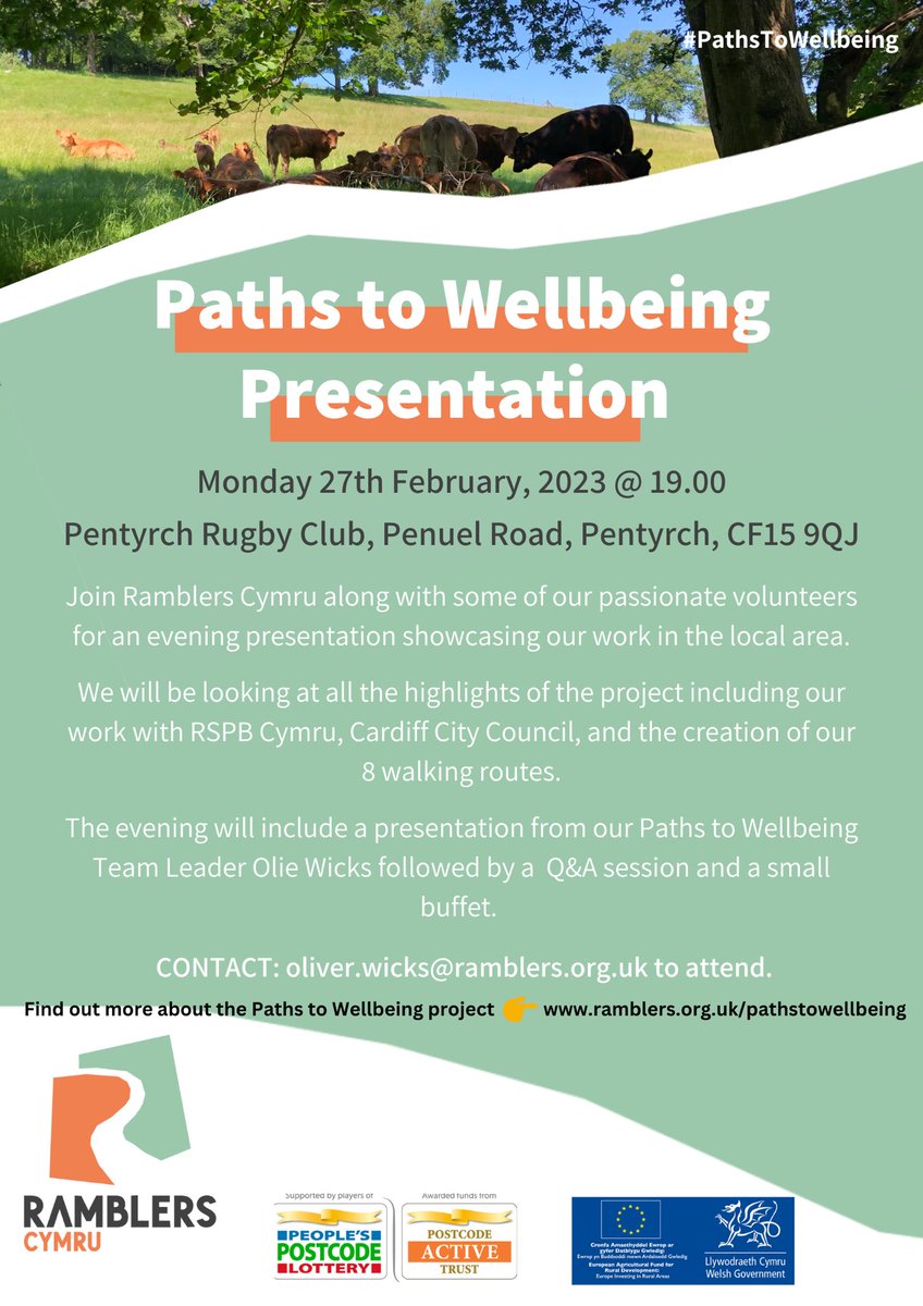 Attention #TidyCreigiau friends &amp; followers #PathsToWellbeing presentation yfory/tomorrow 7pm c/o <a href="/RamblersCymru/">Ramblers Cymru 🏴󠁧󠁢󠁷󠁬󠁳󠁿</a> incl. buffet afterwards. Open free invite, informal feedback, info. bit.ly/3IVDvZK Pls/forward share #Creigiau groups <a href="/CreigiauRec/">CreigiauRec</a> <a href="/CreigiauCarnvl/">Creigiau Carnival</a> <a href="/Creigiau23/">Creigiau 23</a>