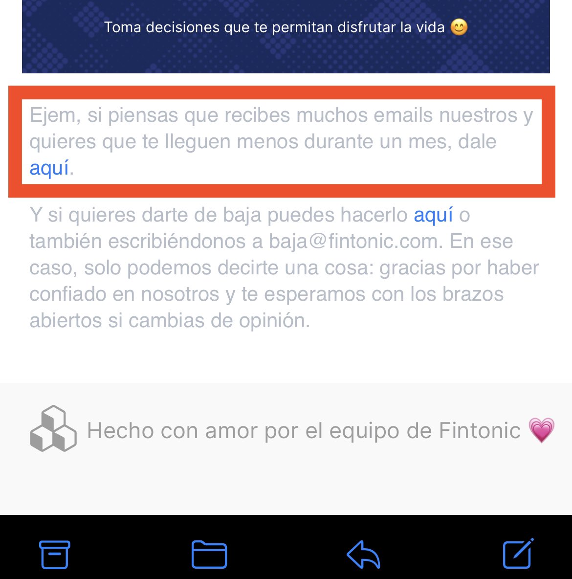 Artes oscura de marketing de <a href="/FINTONIC/">Fintonic</a>  ¿por qué no me dejas darme de baja DEFINITIVAMENTE de correos que no deseo? Y solo me das la opción de “menos durante un mes”? Ejemplo de poner por delante una vanity metric en lugar del bienestar del usuario…