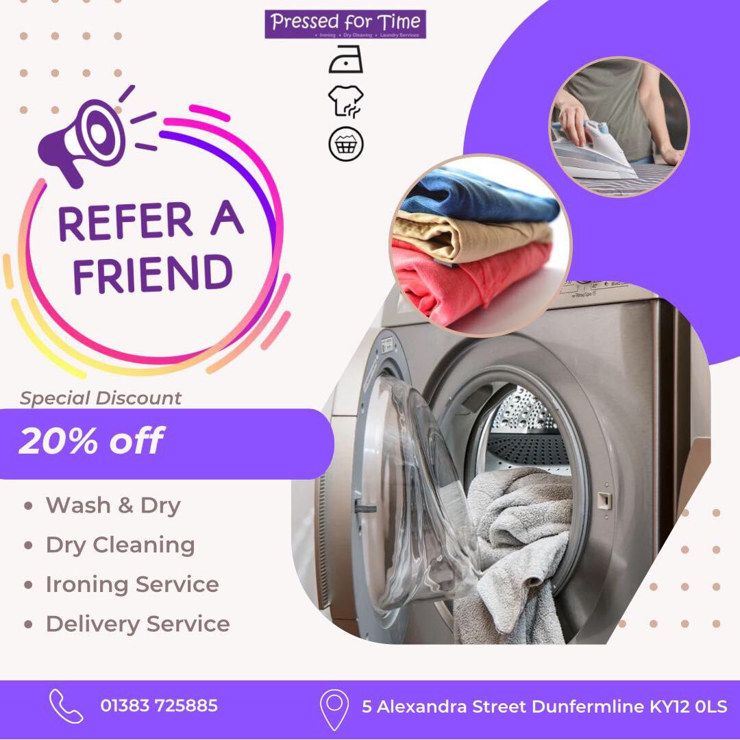 PressedForTimeF's tweet photo. Refer a friend and get 20% off any service for you and your friend!

Quote refer a friend when booking. 

#pressedfortime
#pressedfortimefife
#laundry
#drycleaning
#ironing
#referafriend https://t.co/2JqAGO9kN4