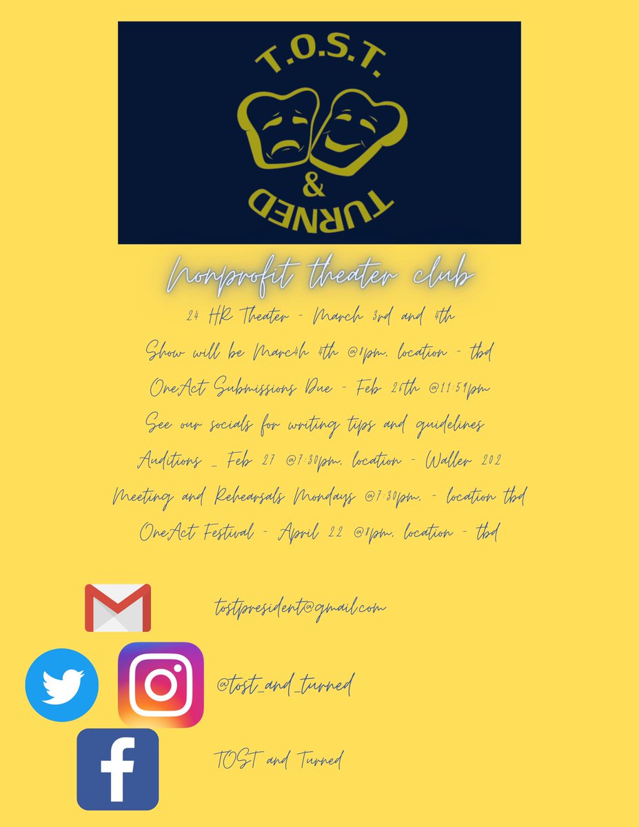 Check out our upcoming events! One Act Subs due tonight! And auditions tomorrow!