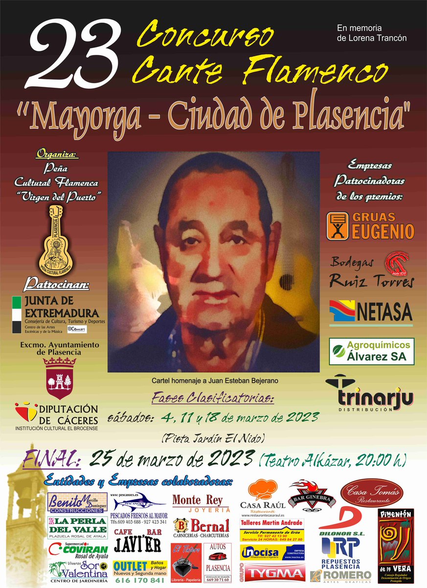Será como siempre un placer y un honor formar parte del jurado del Concurso de Cante #Flamenco "Mayorga-Ciudad de #Plasencia" que organiza la Peña Virgen del Puerto, que este año homenajea en su cartel al flamencólogo y querido amigo Juan Esteban Bejarano revistalaflamenca.com/abierto-el-pla…