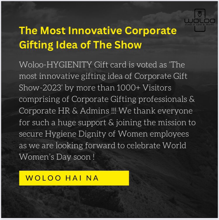 ManishKelshikar's tweet photo. Wow! Most Innovative Gifting Idea of the Show!
It feels so proud to share that Woloo-HYGIENITY Gift card is voted as ‘The most innovative gifting idea of Corporate Gift Show-2023’ by more than 1000+ Visitors comprising of Corporate Gifting professionals &amp; Corporate HR &amp; Admins. https://t.co/hX0s4Beghk