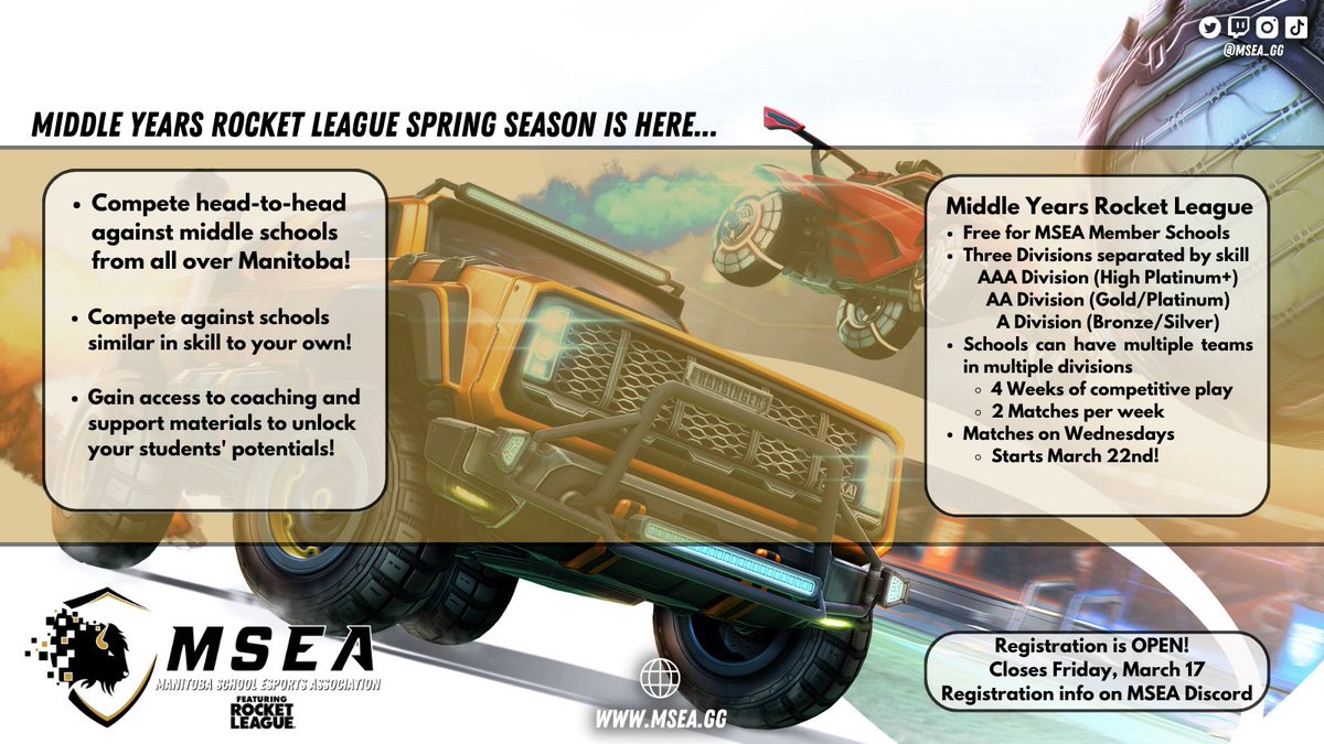@MSEA_gg Middle Year Teachers --- Rocket League is BACK!

Announcing our 2023 Spring Event.  Registration is now open until March 17th.

Are you an MBTeacher?  Interested in what esports can bring to your students and your school community?  We need to talk!
#mbedchat #esportsedu