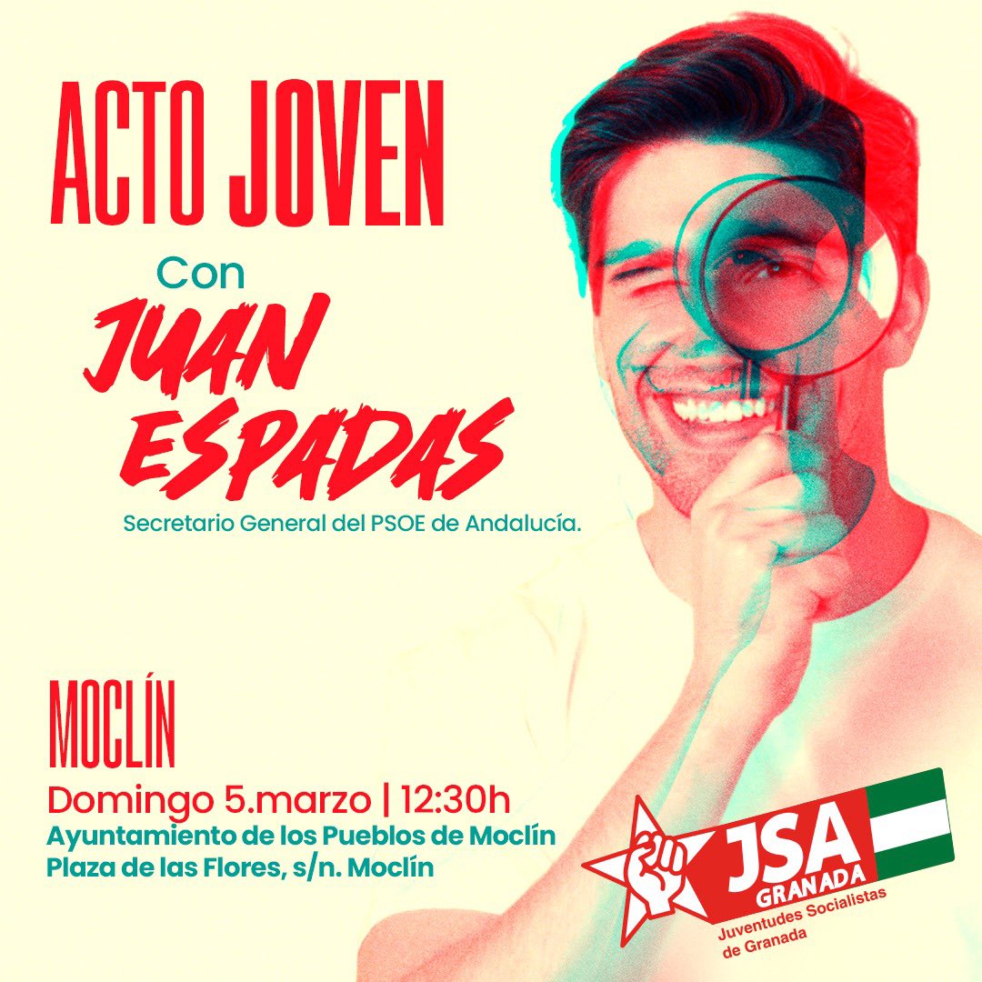 JSAGranadaCEP's tweet photo. ¡El próximo domingo @_JuanEspadas en Moclín!
Nos acompañará en nuestra ponencia municipalista y acto joven con nuestros candidatos/as en las listas para las próximas elecciones del 28M
#AhoraJuventud
#AhoraPrograma https://t.co/ScGQP1PQQ8