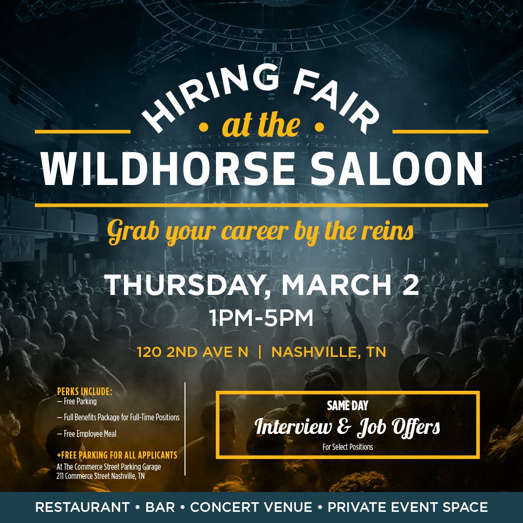 The Wildhorse is hiring! Thursday, March 2nd 1pm – 5pm Hiring: Production Technicians I Line Dance Instructors I Cook III I Steward I Receiving Clerk I Bartender I Server I Door Hosts I Bar Back I Busser/Food wildhorsesaloon.com/calendar/hirin… #nashvillejobs #nashvilletennessee #nashville