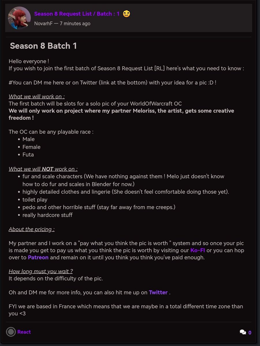 S8's Request list is open for Solo pics only (for now). If interested you may want to read the stuff on our Newgrounds account first novarhf.newgrounds.com but i'll also add a screenshot to this tweet.
 We won't be able to take everyone at once. That's why it's called Batch 1