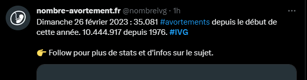 nombrelvg's tweet photo. Dimanche 26 février 2023 : 35.081 personnes n'ont pas eu à subir une grossesse contre leur volonté.

Mais attention, peut-être que les anti #avortements annuleront les #ivg l'année prochaine, comme pour 2022.
https://t.co/0NYu5BnoGU
OUI à l'ivg libre, gratuite et pour tou-te-s. https://t.co/W7W929SOy9