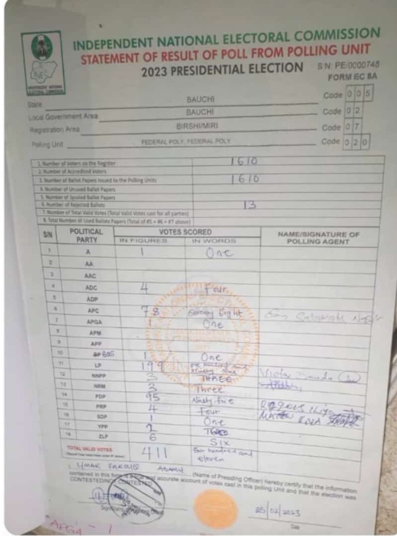 heyitzustine's tweet photo. I really hope one good head would help LP in these trying times. These are the result of just one polling unit in Bauchi and then take a look at the collated result in Bauchi LGA. #NigerianElections2023 #NigeriaDecides2023 #Obasanjo https://t.co/4zox1xy3yl