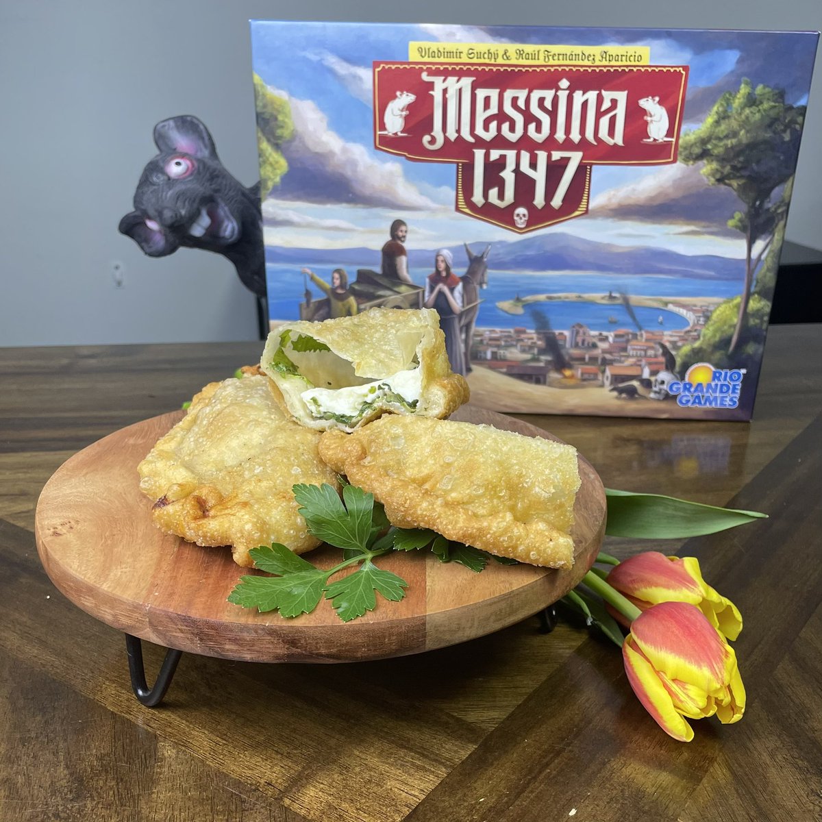 We are hard at work on our second episode on #Messina1347 (@riograndegames). Here’s a sneak peek of the delicious spread we made for this game… Pitoni Messinesi (fried calzone) traditional street food from Messina. What would you fill your pitoni with?