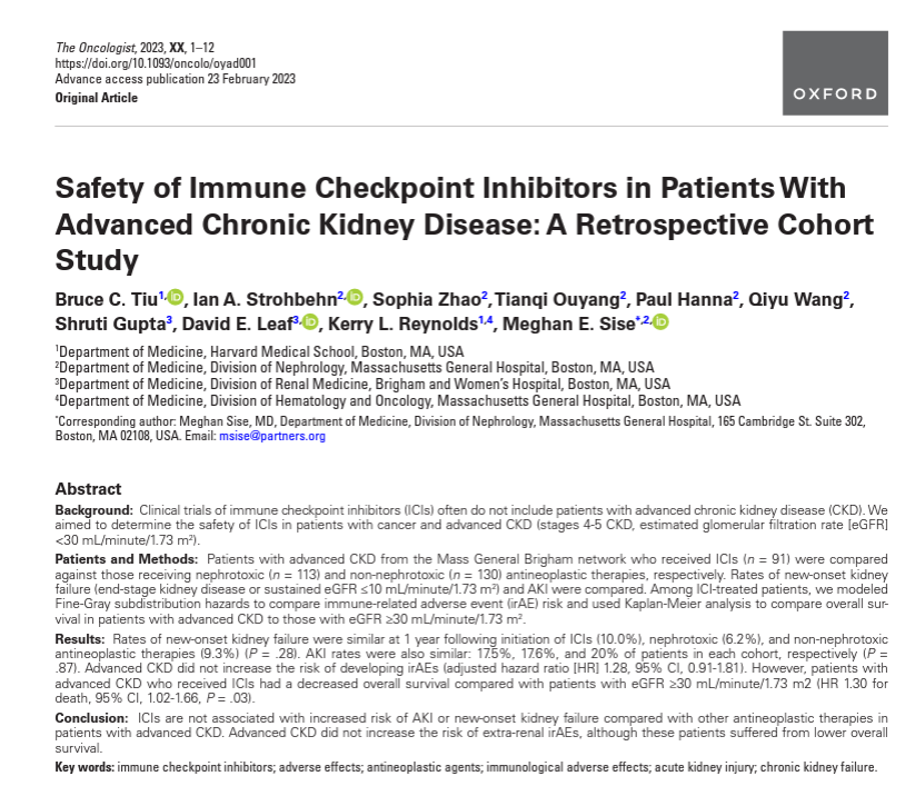 🔘In this retrospective study No increase in renal or non-renal immune-related side effects with immunotherapy in patients with stage 4-5 CKD (eGFR<30), which is usually the exclusion criterion in clinical trials @OncJournal @OncoAlert #MedTwitter @ASCO doi.org/10.1093/oncolo…