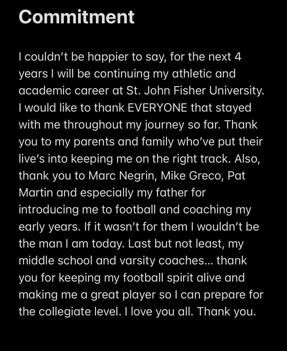 For the next 4 years I will be continuing my journey at St. John Fisher University🔴🟡 <a href="/Coach_Segala/">Brees Segala</a> <a href="/dhofmann1974/">Danielle Hofmann</a> <a href="/diggin2day/">Keith Hofmann</a> <a href="/jerryflora1/">jerry flora</a> <a href="/PATMED_RAIDERS/">Patchogue Medford Varsity Football</a>