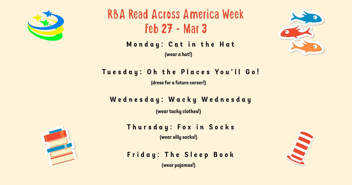 📚Read across America week begins tomorrow with Cat in the Hat day! Wear a hat! 🎩🧢👒⚡️