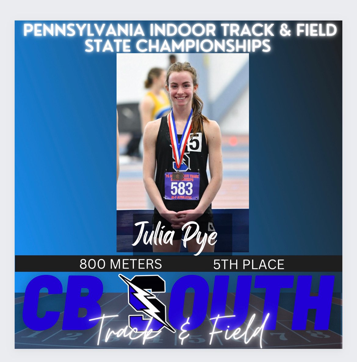 CBSXCTFtitans's tweet photo. CONGRATULATIONS Julia Pye on your 5th place medal in the 800 at the State Champs! @CBSouthTitans @CBSouthAthletic https://t.co/xCI2GdMcvK