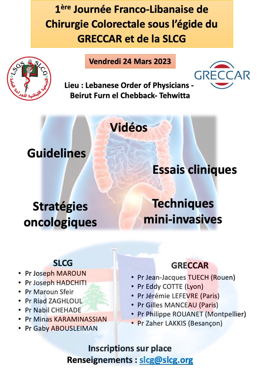 Ravi et très honoré de présenter les études du @greccar à beyrouth pour la première journée franco-libanaise de chirurgie colorectale. @AmbaFranceLiban avec @ZaherLakkis @GillesManceau @RouanetPhilippe