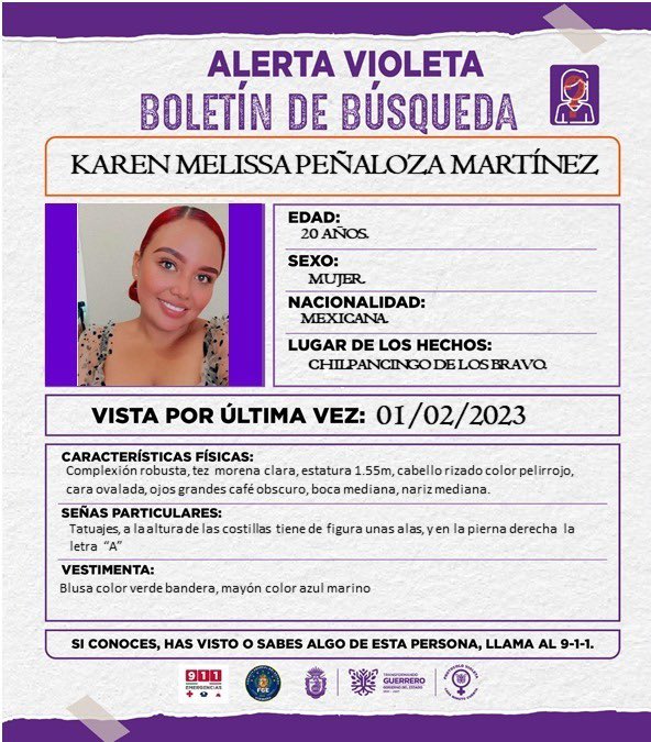 _Seplader's tweet photo. Se solicita su valiosa colaboración para la difusión del presente boletín, búsqueda y localización de Karen Melissa Peñaloza Martínez.🟣

Cualquier información favor de comunicarse al Número Único de Atención a Llamadas de Emergencias 9-1-1. 📞 https://t.co/haxV3Zq4SP